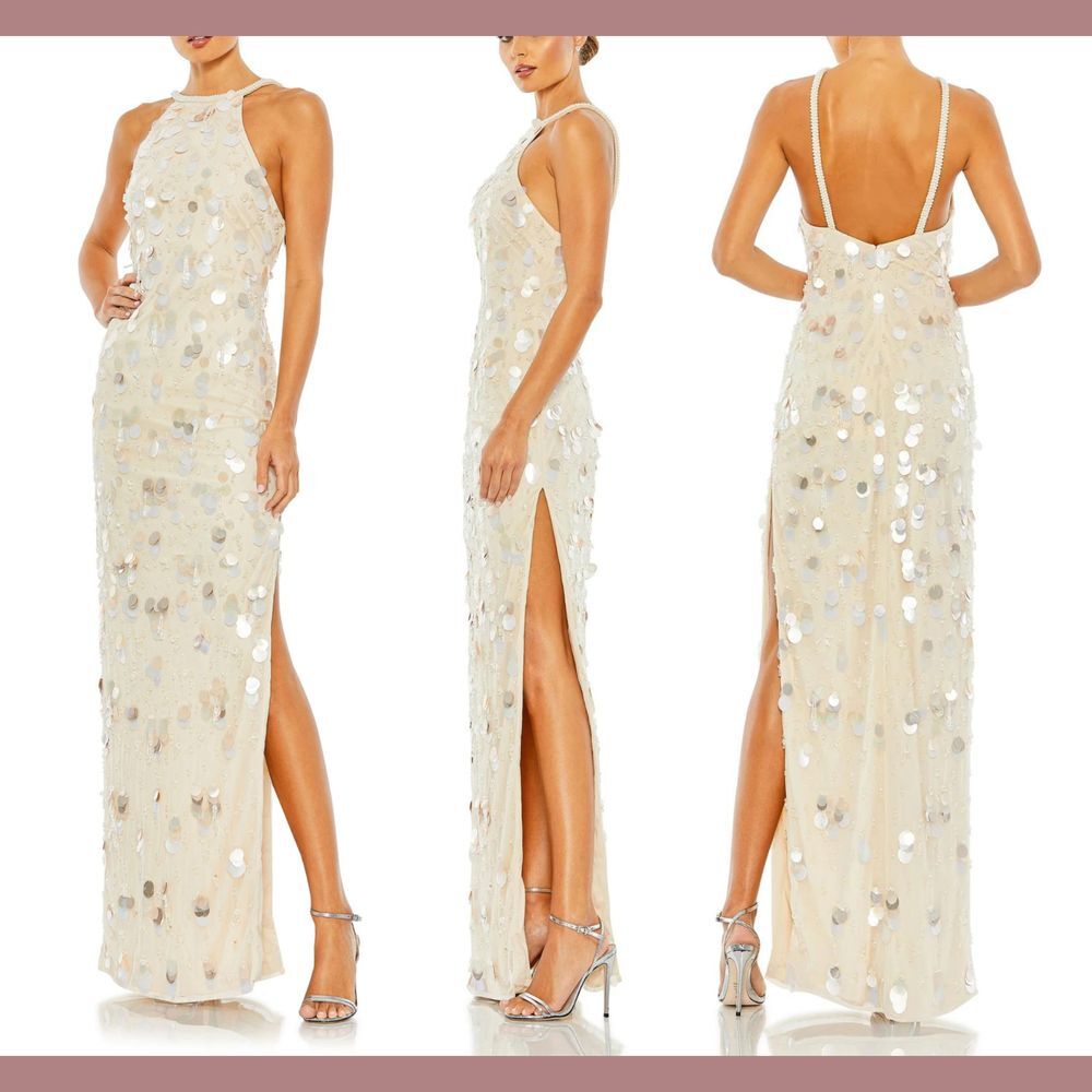 NWT$598‎ Mac Duggal [ 14 ] Crystal Embellished Cascade Gown 10878 Porcelain